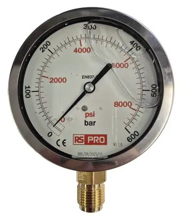 Produktfoto 1 von RS PRO 1/2 Zoll BSP RS 1.04.3 Manometer 100 mm 0 bar → 600 bar Edelstahl Gehäuse BSP 1/2 in