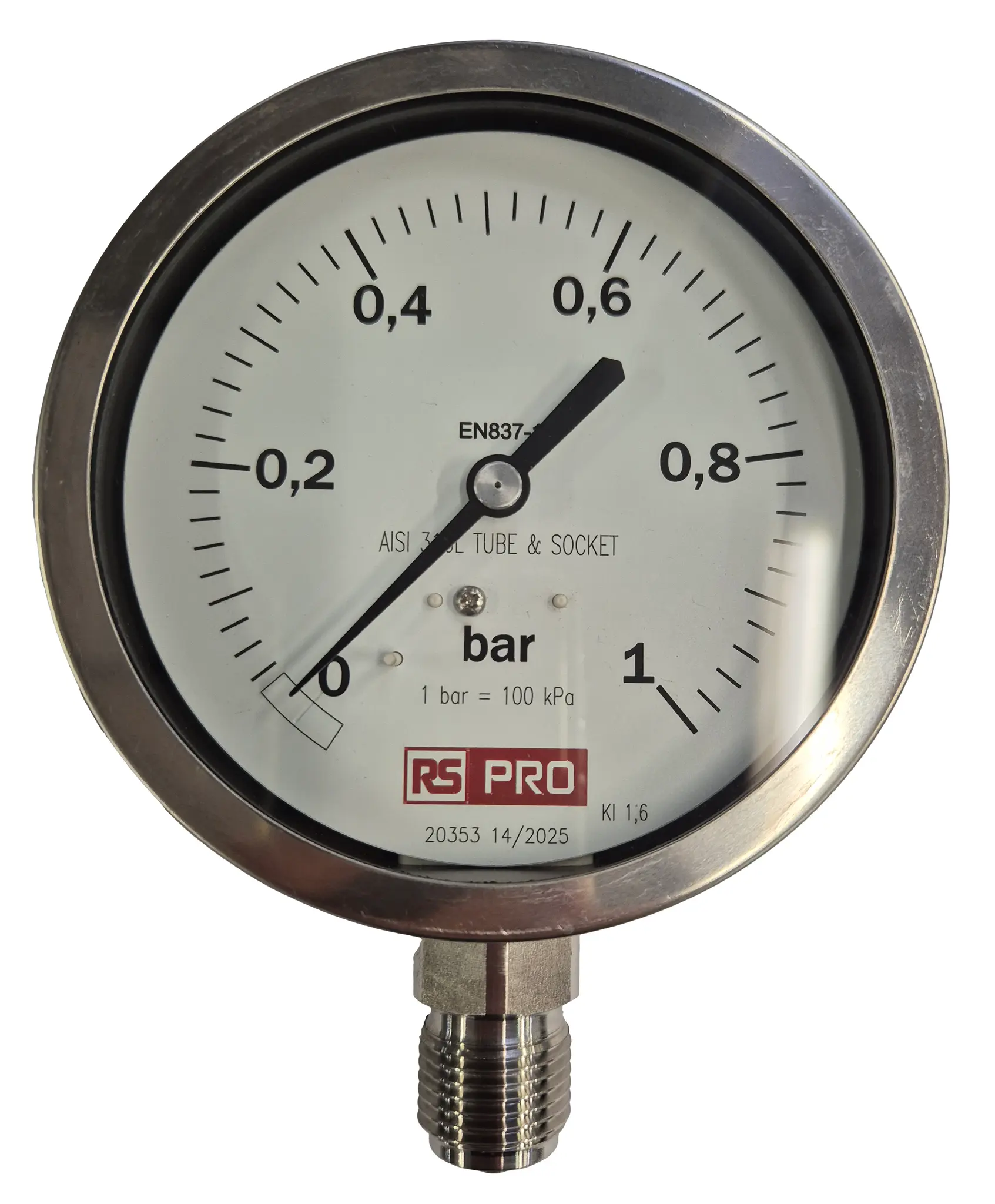 RS PRO Druckmessgerät Prozessanschluss unten Analog 0bar → 1bar, Ø 100mm Edelstahl Gehäuse BSP 1/2Zoll