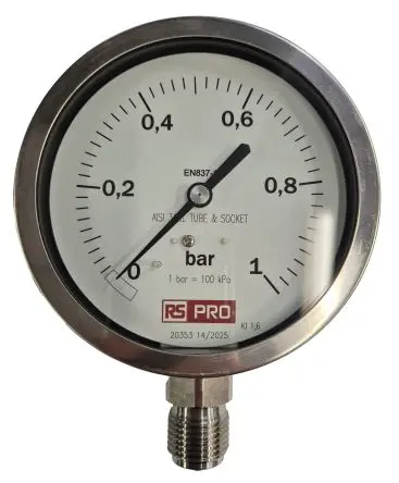 Produktfoto 1 von RS PRO 1/2 Zoll BSP RS 1.44.2 Manometer 100 mm 0 bar → 1 bar Edelstahl Gehäuse BSP 1/2 in