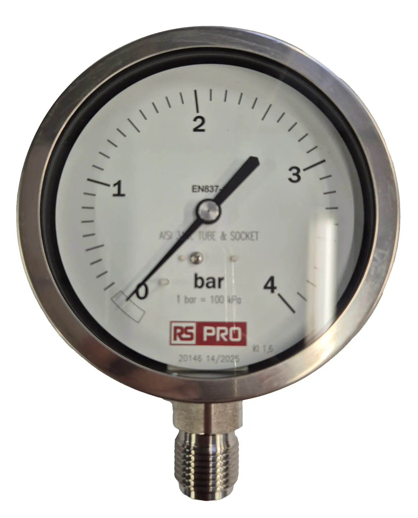 RS PRO Druckmessgerät Prozessanschluss unten Analog 0bar → 4bar, Ø 100mm Edelstahl Gehäuse BSP 1/2Zoll
