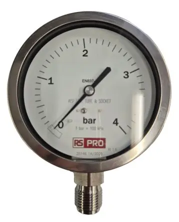 Produktfoto 1 von RS PRO 1/2 Zoll BSP RS 1.44.2 Manometer 100 mm 0 bar → 4 bar Edelstahl Gehäuse BSP 1/2 in