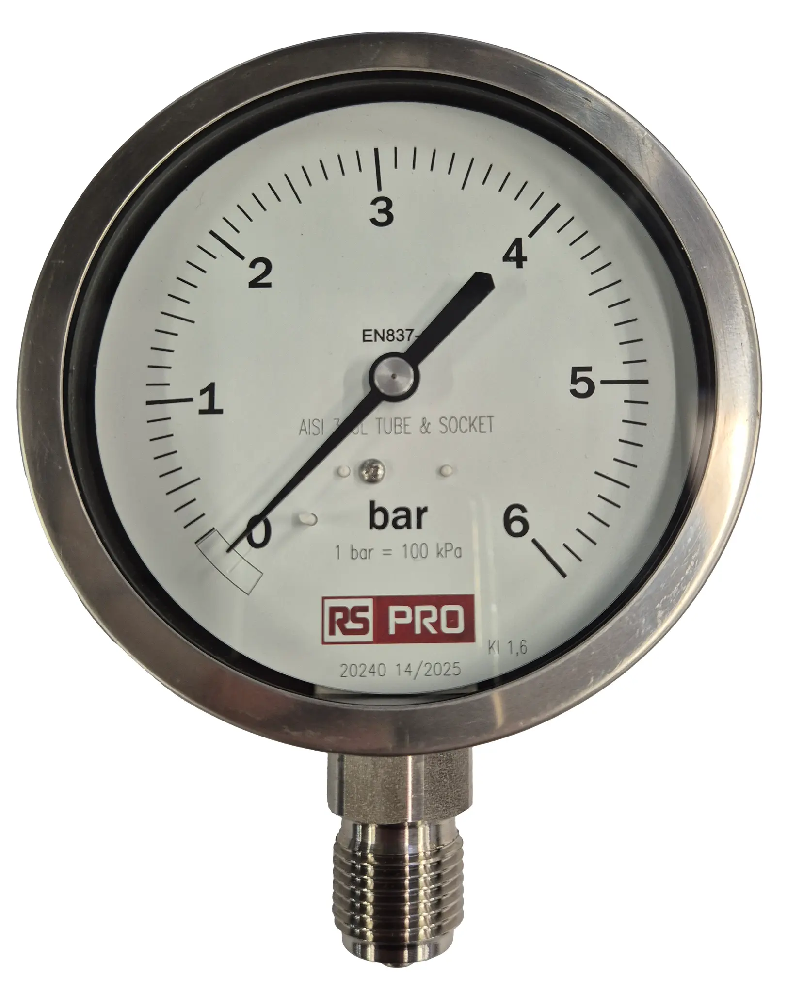 RS PRO Druckmessgerät Prozessanschluss unten Analog 0bar → 6bar, Ø 100mm Edelstahl Gehäuse BSP 1/2Zoll
