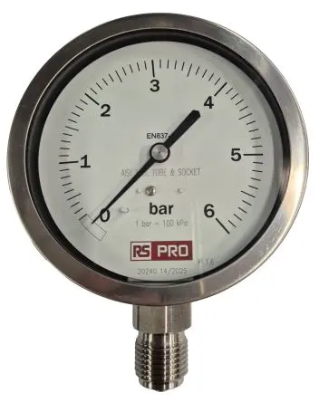 Produktfoto 1 von RS PRO 1/2 Zoll BSP RS 1.44.2 Manometer 100 mm 0 bar → 6 bar Edelstahl Gehäuse BSP 1/2 in