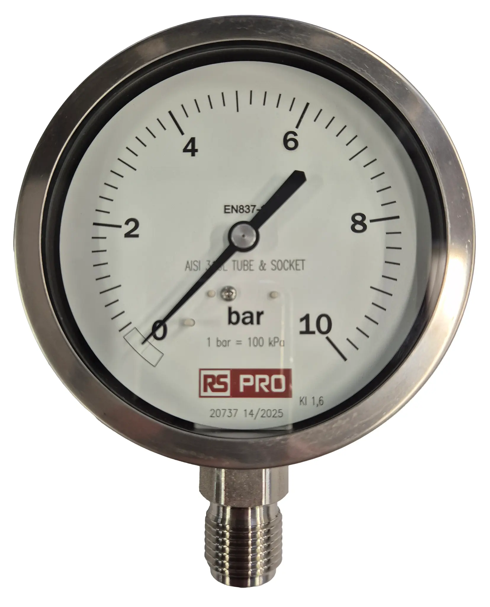 Produktfoto 1 von RS PRO Druckmessgerät Prozessanschluss unten Analog 0bar → 10bar, Ø 100mm Edelstahl Gehäuse BSP 1/2Zoll