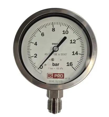 Produktfoto 1 von RS PRO 1/2 Zoll BSP RS 1.44.2 Manometer 100 mm 0 bar → 16 bar Edelstahl Gehäuse BSP 1/2 in