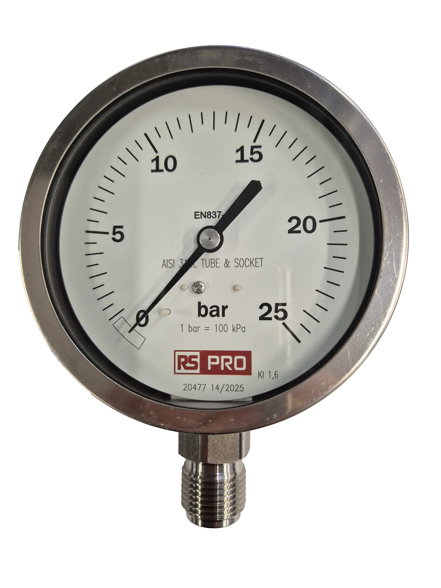 Produktfoto 1 von RS PRO Druckmessgerät Prozessanschluss unten Analog 0bar → 25bar, Ø 100mm Edelstahl Gehäuse BSP 1/2Zoll