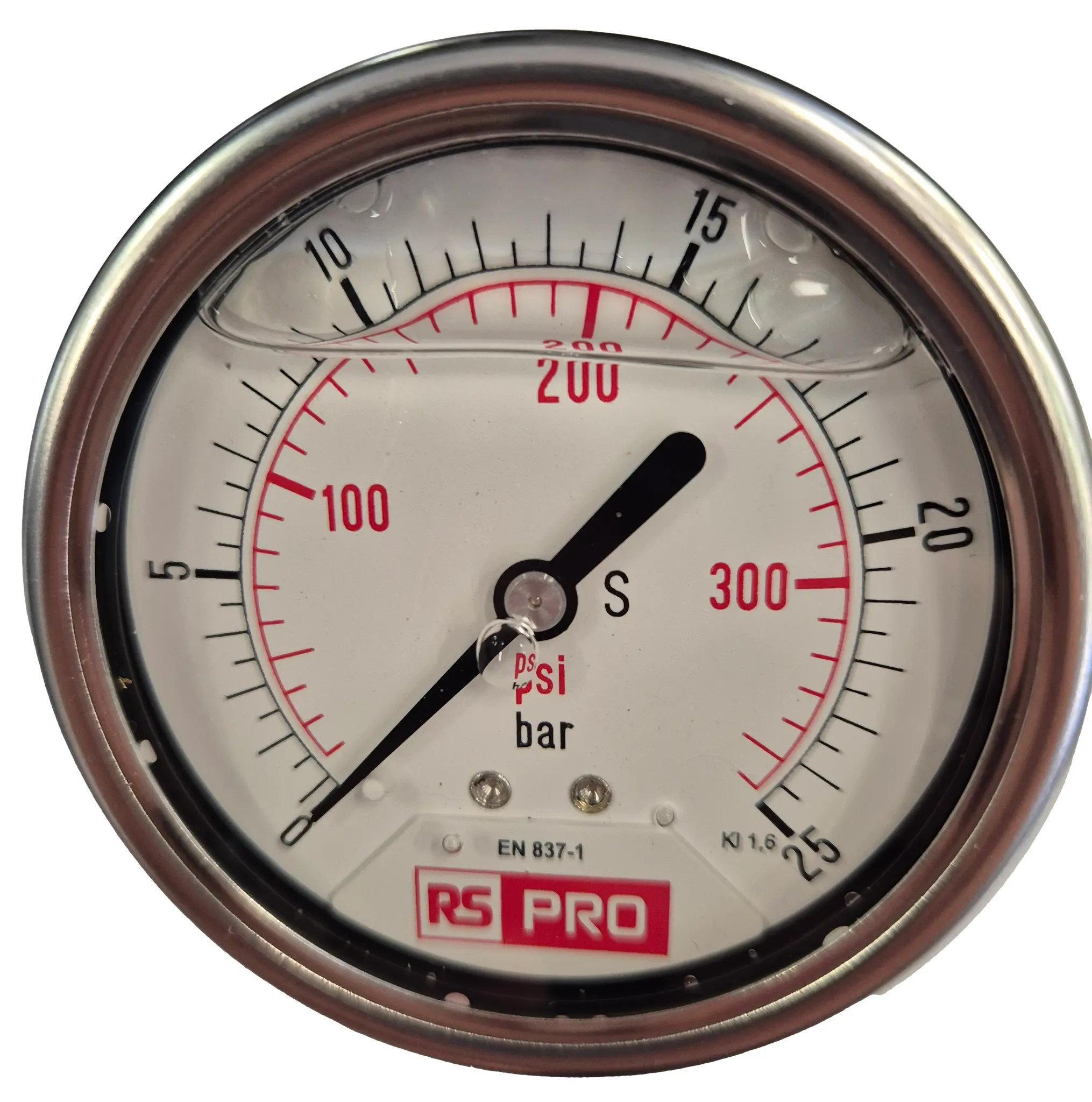 Produktfoto 1 von RS PRO Druckmessgerät Prozessanschluss unten Analog 0bar → 25bar, Ø 63mm Edelstahl Gehäuse BSP1/4