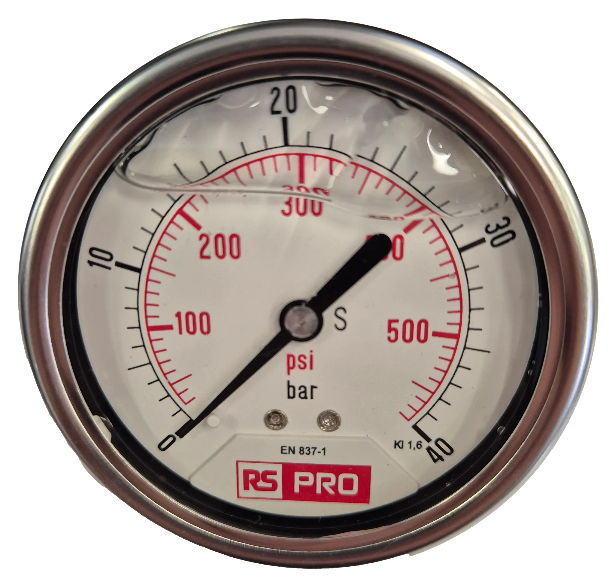 Produktfoto 1 von RS PRO Druckmessgerät Prozessanschluss unten Analog 0bar → 40bar, Ø 63mm Edelstahl Gehäuse BSP1/4
