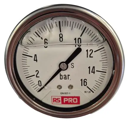 Produktfoto 1 von RS PRO 1/4 Zoll BSP RS 1.10.3 Manometer 63 mm 0 bar → 16 bar Edelstahl Gehäuse BSP 1/4 in
