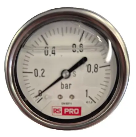 Produktfoto 1 von RS PRO 1/4 Zoll BSP RS 1.10.3 Manometer 63 mm 0 bar → 1 bar Edelstahl Gehäuse BSP 1/4 in