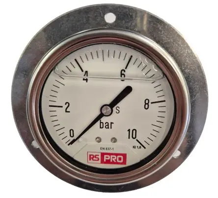 Produktfoto 1 von RS PRO 1/4 Zoll BSP RS 1.10.3 Manometer 63 mm 0 bar → 10 bar Edelstahl Gehäuse BSP 1/4 in