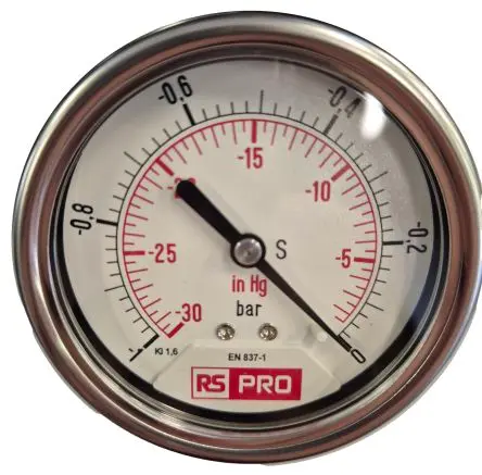Produktfoto 1 von RS PRO 1/4 Zoll BSP RS 1.10.2 Manometer 63 mm -1 bar → 0 bar Edelstahl Gehäuse BSP 1/4 in
