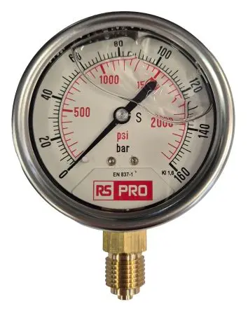 Produktfoto 1 von RS PRO 1/4 Zoll BSP RS 1.10.3 Manometer 63 mm 0 bar → 160 bar Edelstahl Gehäuse BSP 1/4 in