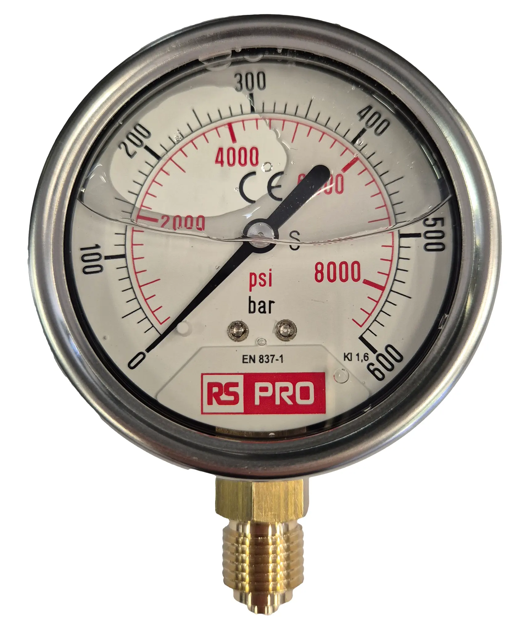Produktfoto 1 von RS PRO Druckmessgerät Prozessanschluss unten Analog 0bar → 600bar, Ø 63mm Edelstahl Gehäuse BSP1/4