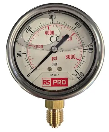Produktfoto 1 von RS PRO 1/4 Zoll BSP RS 1.10.3 Manometer 63 mm 0 bar → 600 bar Edelstahl Gehäuse BSP 1/4 in