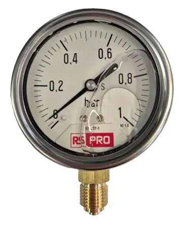 Produktfoto 1 von RS PRO 1/4 Zoll BSP RS 1.10.3 Manometer 63 mm 0 bar → 1 bar Edelstahl Gehäuse BSP 1/4 in