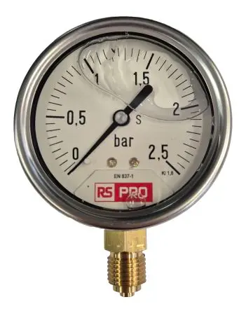 Produktfoto 1 von RS PRO 1/4 Zoll BSP RS 1.10.3 Manometer 63 mm 0 bar → 2.5 bar Edelstahl Gehäuse BSP 1/4 in