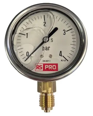 Produktfoto 1 von RS PRO 1/4 Zoll BSP RS 1.10.3 Manometer 63 mm 0 bar → 4 bar Edelstahl Gehäuse BSP 1/4 in