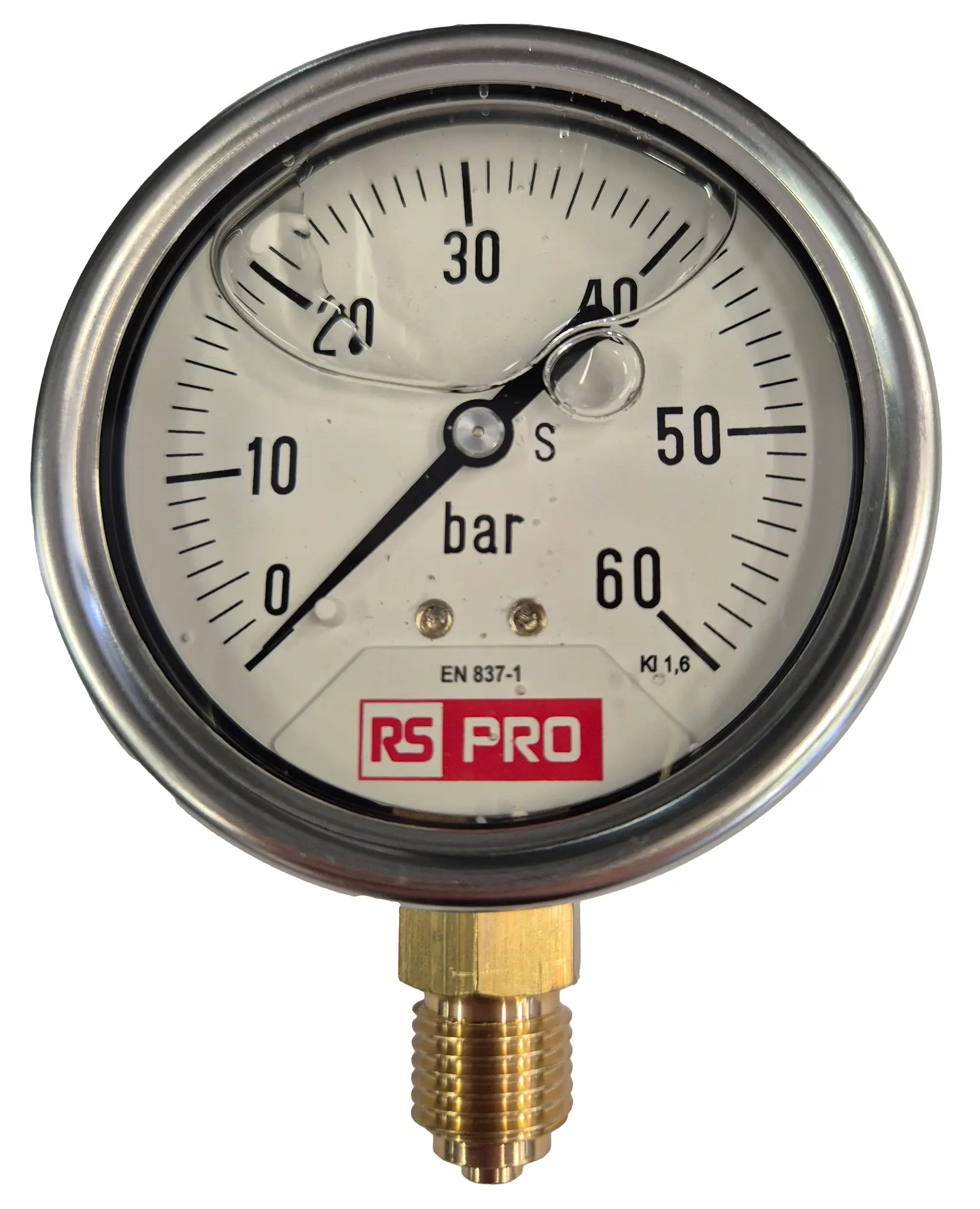 Produktfoto 1 von RS PRO Druckmessgerät Prozessanschluss unten Analog 0bar → 60bar, Ø 63mm Edelstahl Gehäuse BSP1/4