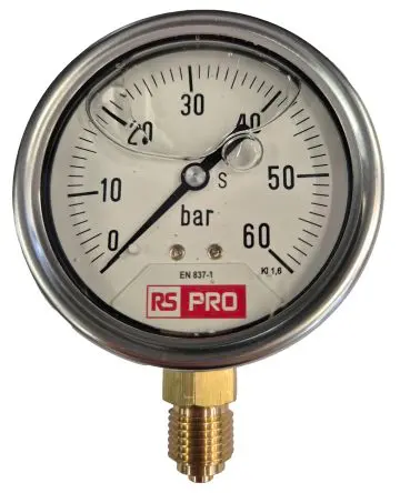 Produktfoto 1 von RS PRO 1/4 Zoll BSP RS 1.10.3 Manometer 63 mm 0 bar → 60 bar Edelstahl Gehäuse BSP 1/4 in