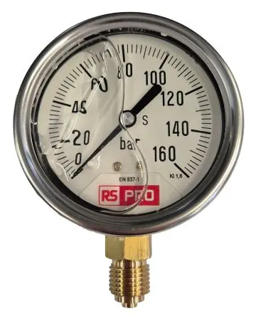 Produktfoto 1 von RS PRO 1/4 Zoll BSP RS 1.10.3 Manometer 63 mm 0 bar → 160 bar Edelstahl Gehäuse BSP 1/4 in
