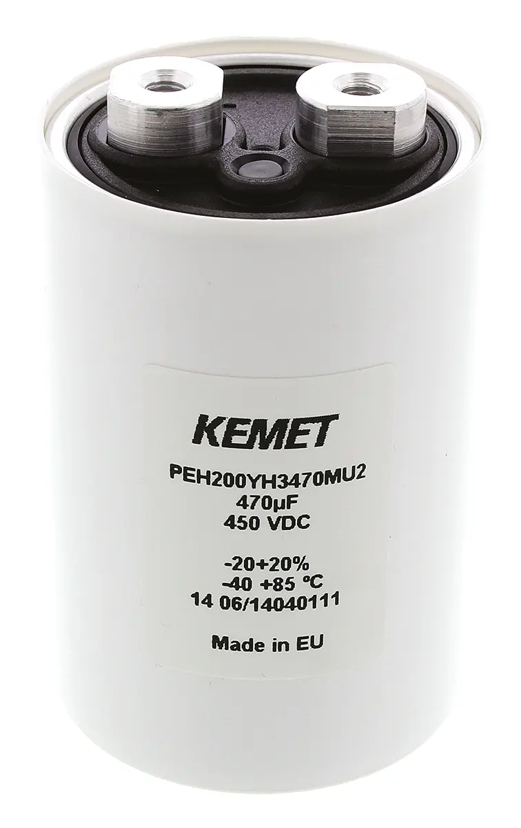 Produktfoto 1 von KEMET PEH200, Schraub Aluminium-Elektrolyt Kondensator 470μF ±20% / 450V dc, Ø 51.6mm x 77.5mm x 77.5mm, +85°C