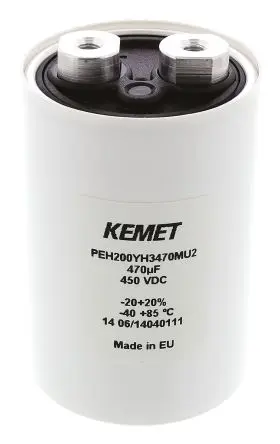Produktfoto 1 von KEMET PEH200 Schraubanschlussklemme Kondensator 470 μF ±20 % / 450V dc, Ø 51.6 mm x 77.5 mm x 77.5 mm, 85 °C