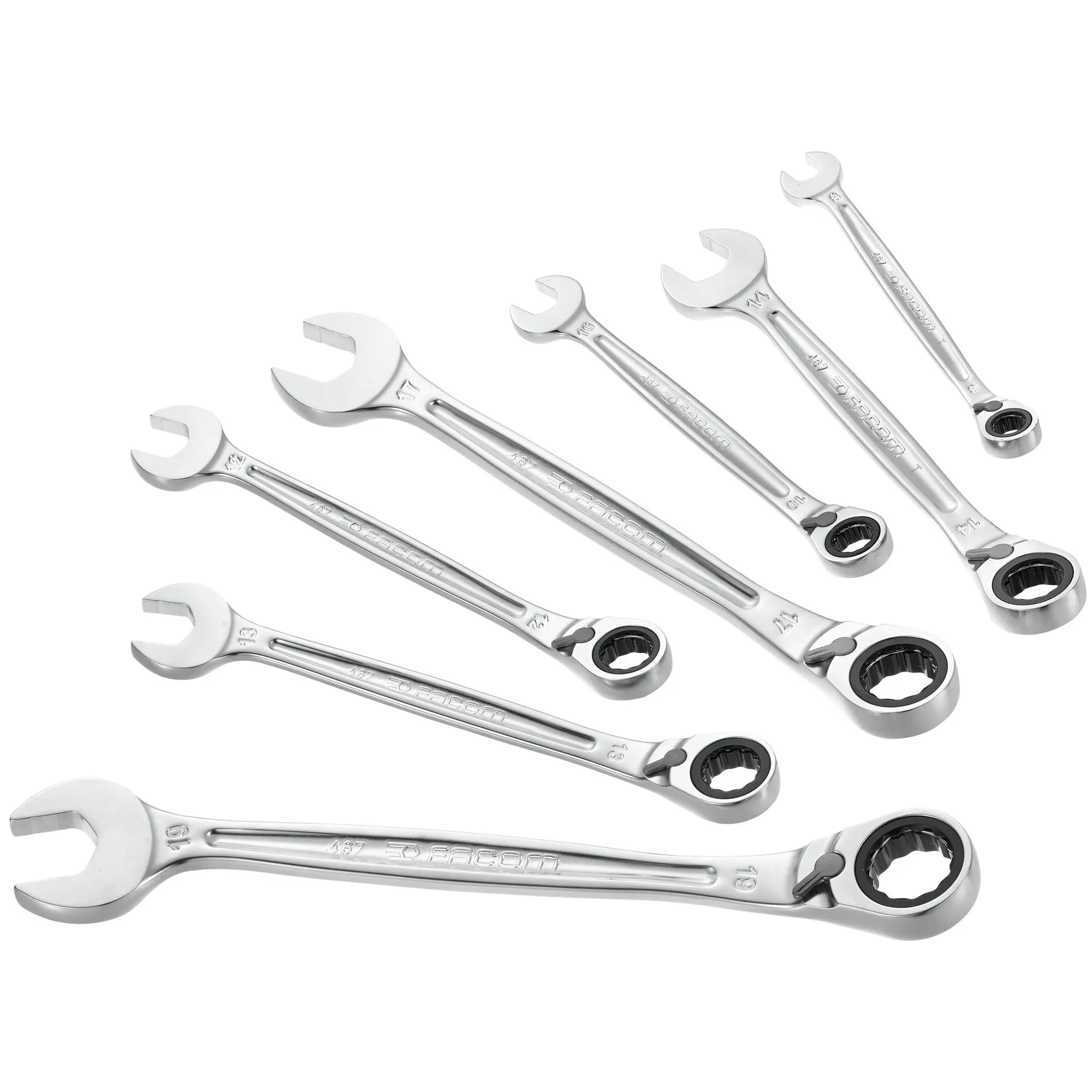 Produktfoto 1 von Facom Ratschen Satz Ratschenschlüssel mit Umkehrfunktion Stahl, 7-teilig 8 To 19 mm