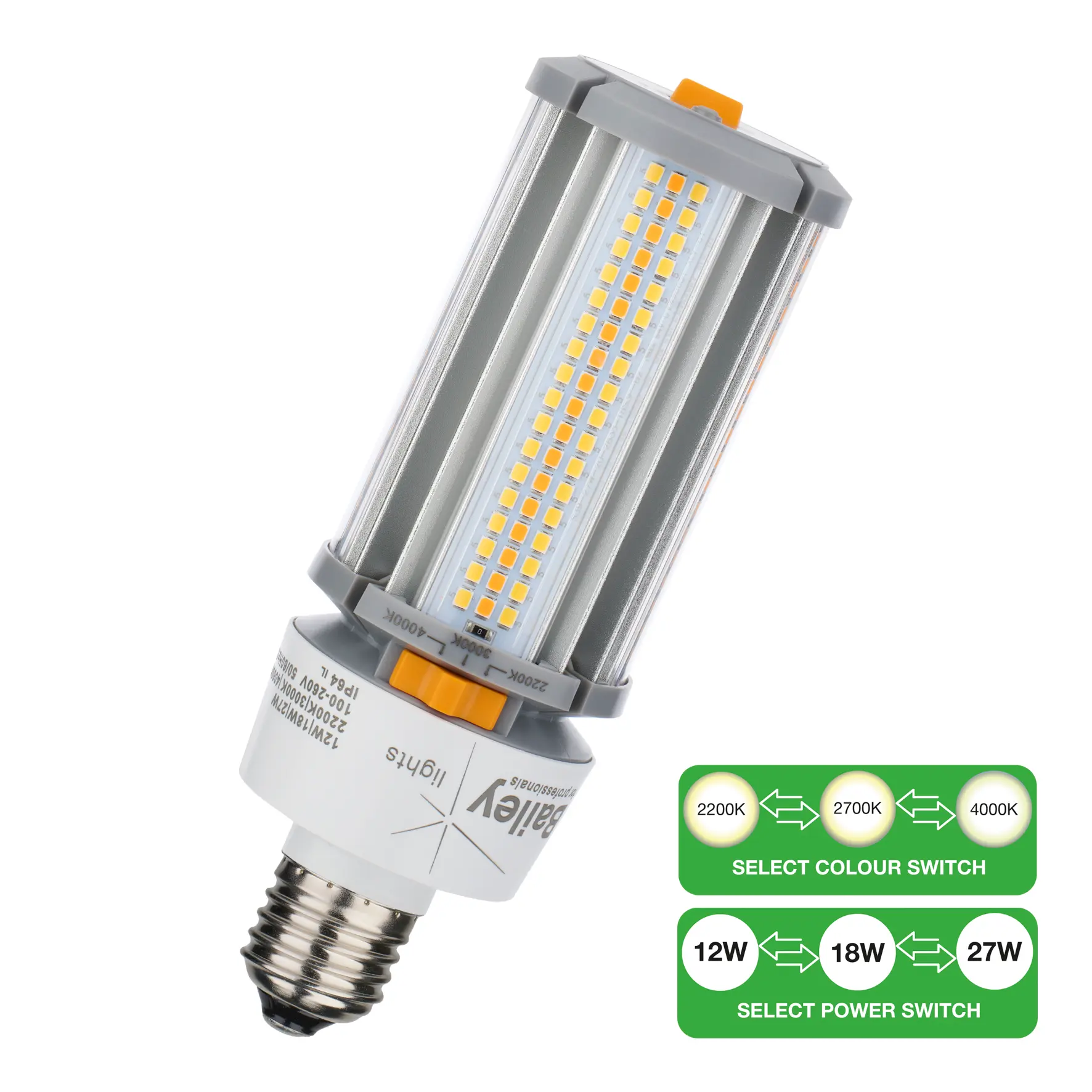 Produktfoto 1 von Bailey Electric & Electronics bv LED Corn LED LED-Straßenlampe Einseitig gesockelt 12 - 27 W E27 Sockel 2200 - 4000K