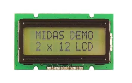 Produktfoto 1 von Midas MC21 Monochrom LCD, Alphanumerisch LED Schwarz 2 x 12, Hintergrund Grün, Gelb, Parallel Interface