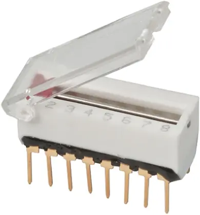 Produktfoto 1 von ERG THT DIP-Schalter Gleiter 4-stellig, 2-poliger Ein/Ausschalter, Kontakte vergoldet 250 mA @ 30 V dc, bis +85°C