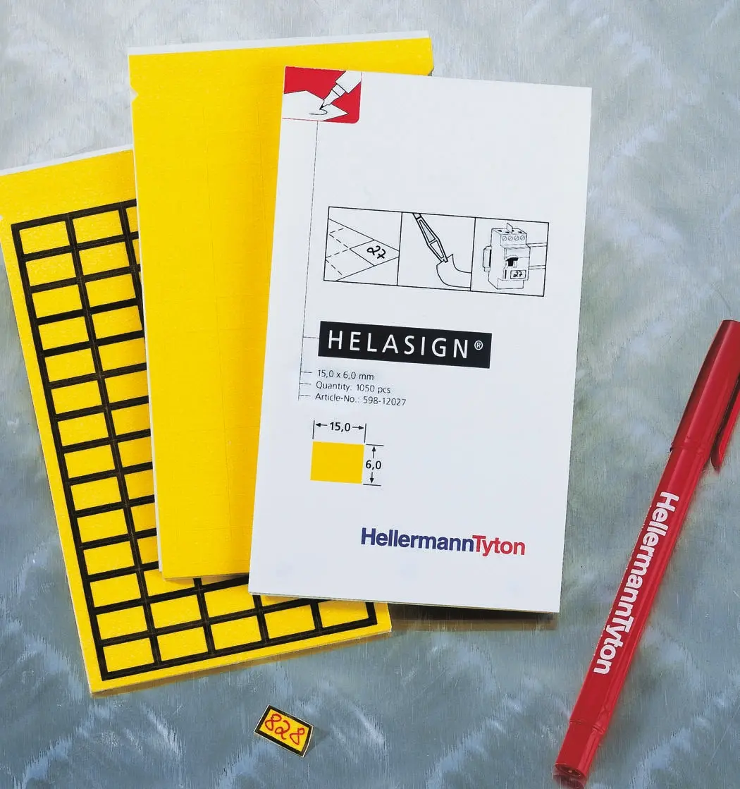 Produktfoto 1 von HellermannTyton Klebend Etikettenblatt Klebstoff, Gelb 700 pro Paket Stück, L. 9 mm B. 15mm