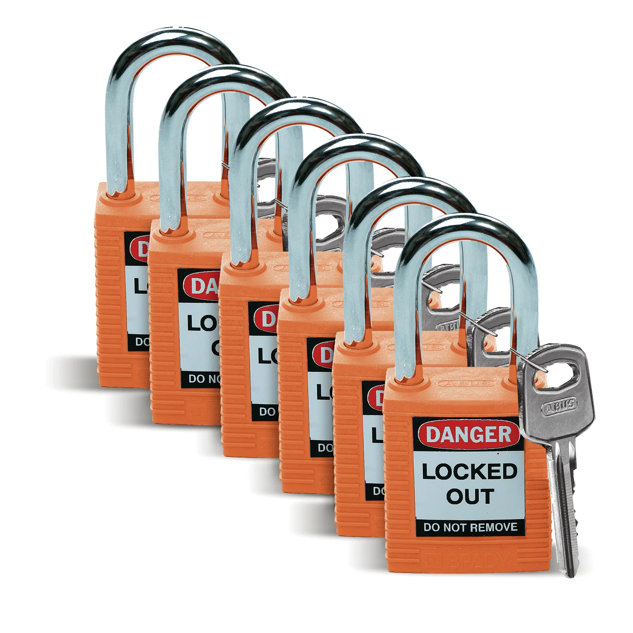 Produktfoto 1 von Brady Nylon, Stahl Sicherheits-Vorhängeschloss Schlüssel Wetterfest Orange, Bügel-Ø 6.35 mm x 38.1 mm 38 mm