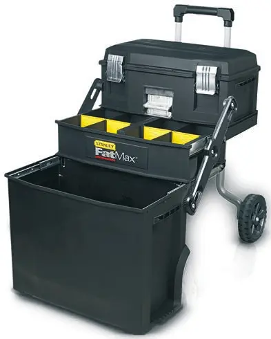 Stanley Kunststoff Werkzeugbox Schwarz, L. 549 mm B. 413 mm H. 549 mm mit Rädern, Register