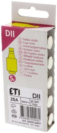 Produktfoto 1 von ETI class gG/gL DIAZED-Sicherung, Typ D2, 25A, 500V ac, 50 kA, E27 Gewinde