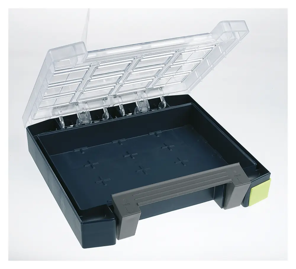 Produktfoto 1 von Raaco Kleinteilebox, Polypropylen, Polycarbonat Grau, 10 Fächer Verstellbare Fächer, 55 mm x 241 mm x 225 mm