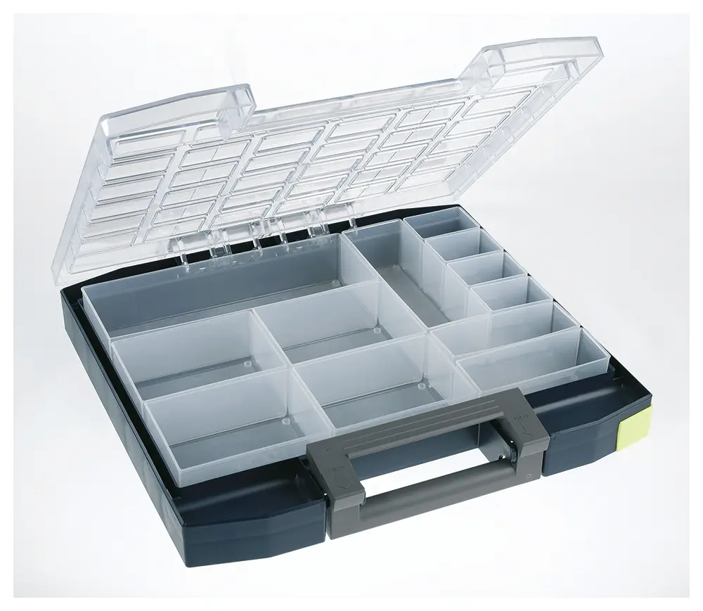 Produktfoto 1 von Raaco Kleinteilebox, Polycarbonat, Polypropylen Blau, 12 Fächer, 55 mm x 354 mm x 323 mm