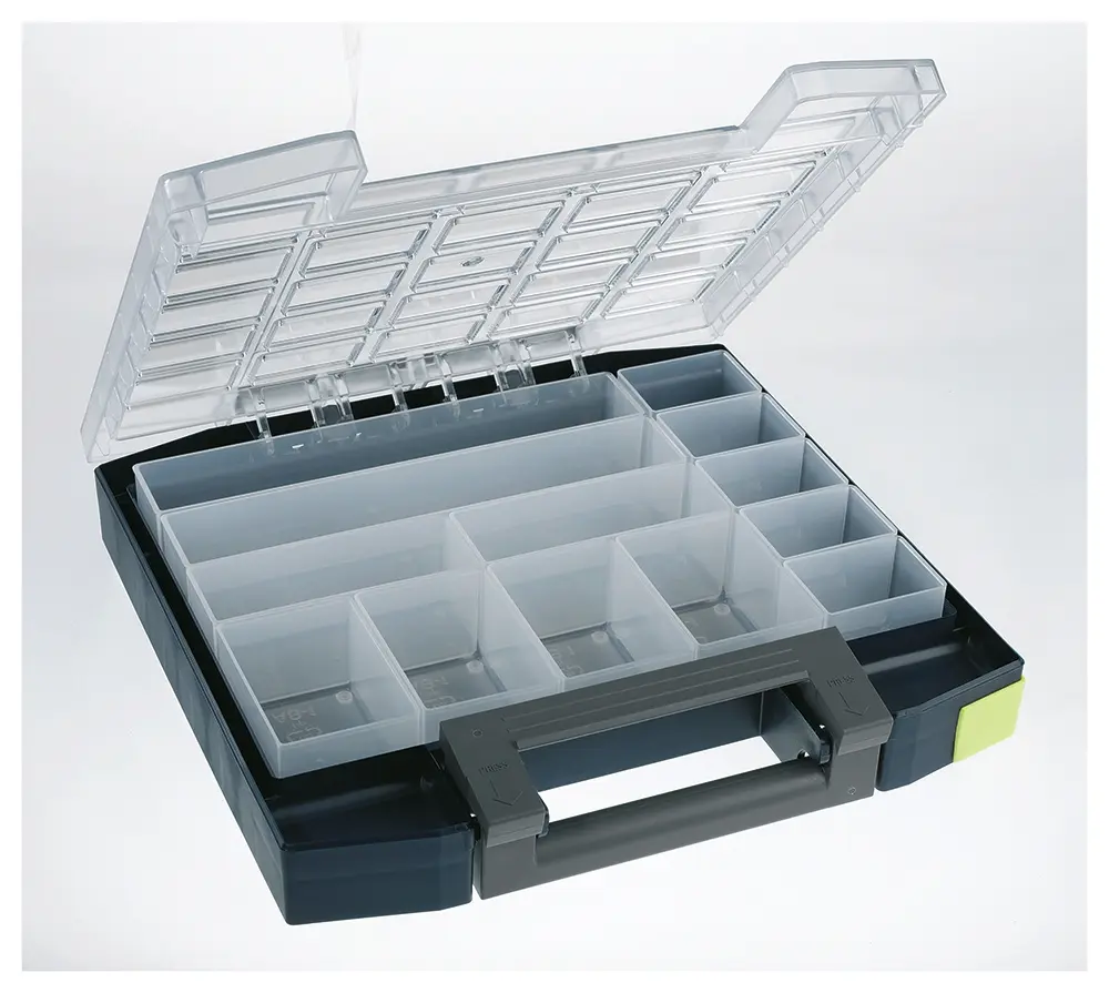 Produktfoto 1 von Raaco Kleinteilebox, Polypropylen, Polycarbonat Blau, 13 Fächer, 55 mm x 298 mm x 284 mm