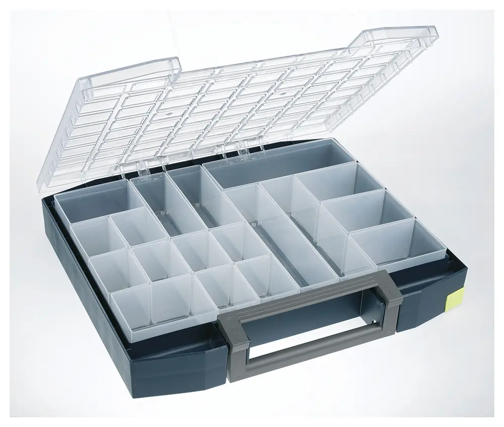 Produktfoto 1 von Raaco Kleinteilebox, Polypropylen, Polycarbonat Blau, 18 Fächer, 78 mm x 465 mm x 401 mm
