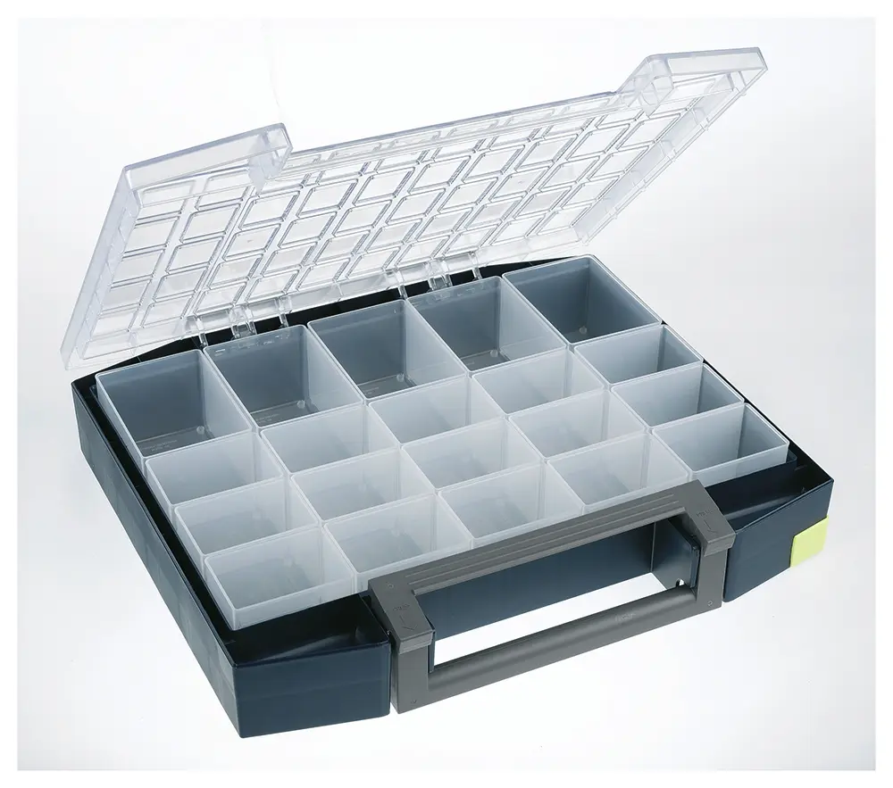 Produktfoto 1 von Raaco Kleinteilebox, Polycarbonat, Polypropylen Blau, 20 Fächer, 78 mm x 421 mm x 361 mm