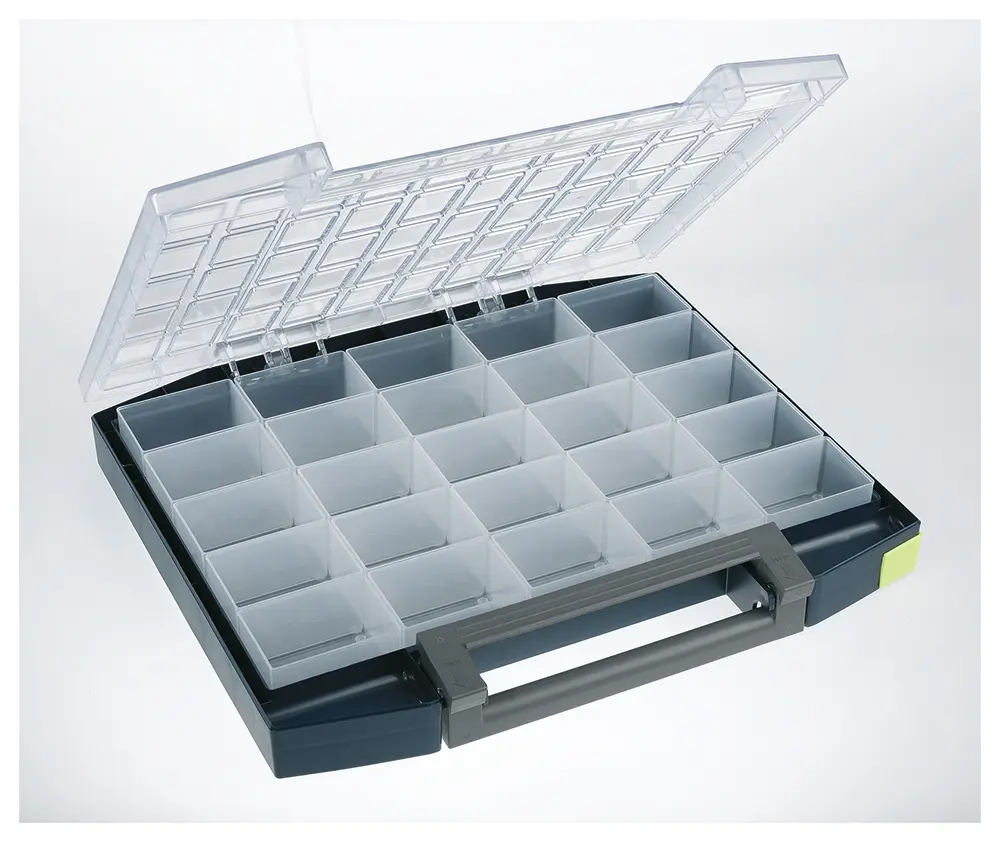 Produktfoto 1 von Raaco Kleinteilebox, Polycarbonat, Polypropylen Blau, 25 Fächer, 55 mm x 421 mm x 361 mm