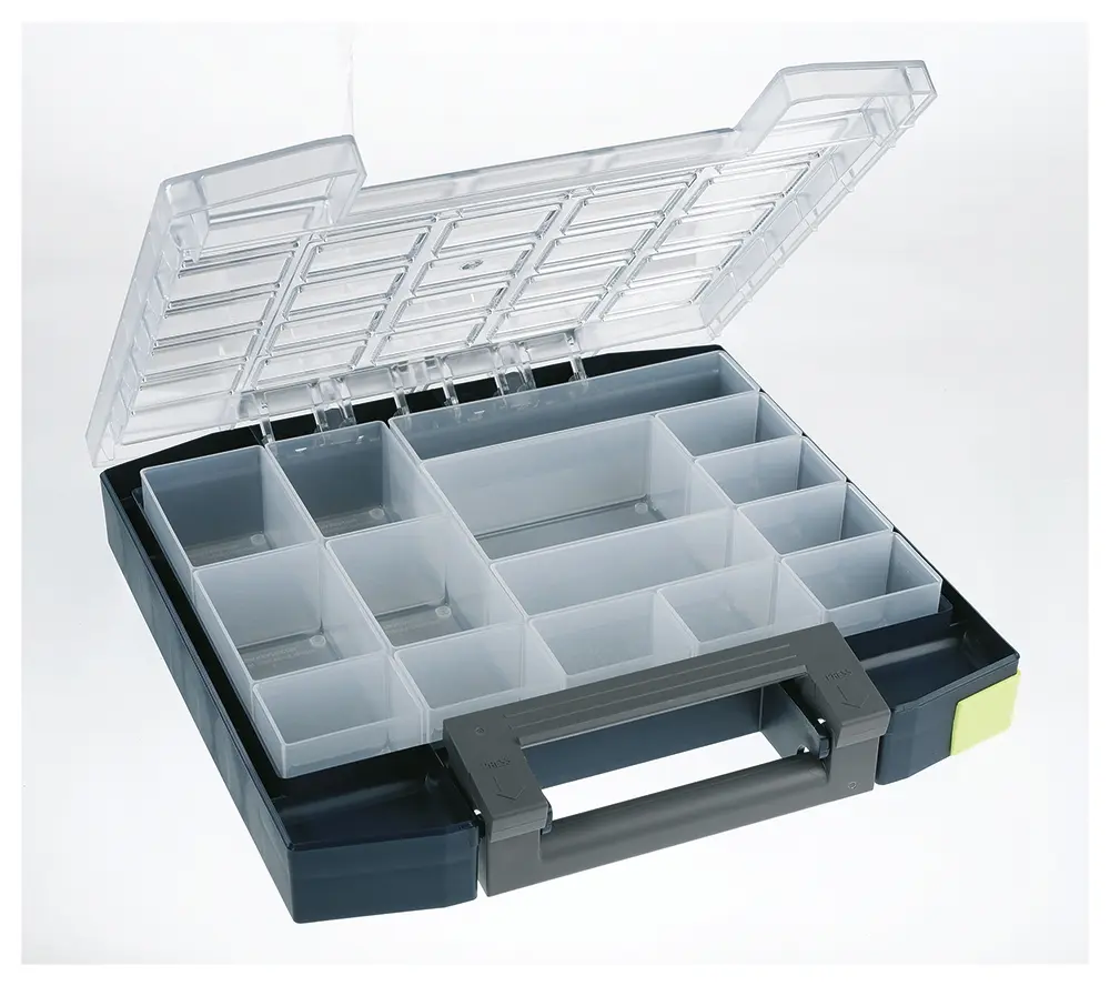 Produktfoto 1 von Raaco Kleinteilebox, Polypropylen, Polycarbonat Grau, 15 Fächer, 55 mm x 298 mm x 284 mm