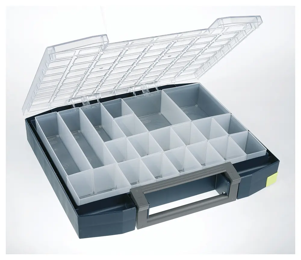 Produktfoto 1 von Raaco Kleinteilebox, Polypropylen, Polycarbonat Blau, 20 Fächer, 78 mm x 465 mm x 401 mm