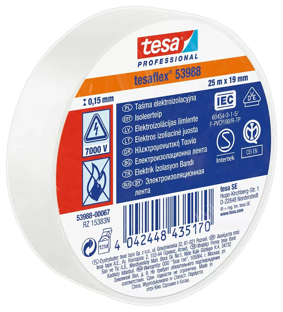 Produktfoto 1 von Tesa Tesa 53988 Polyvinylchlorid Isolierband Weiß,  Stärke  150 mm x 19 mm x 25 m, 25 °C bis 90 °C