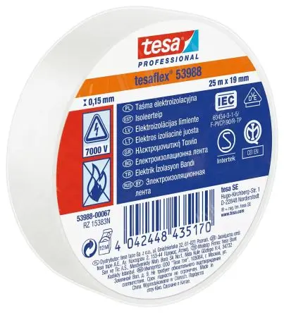 Tesa Tesa 53988 Polyvinylchlorid Isolierband Weiß, Stärke 150 mm x 19mm x 25 m, 25 °C bis 90 °C