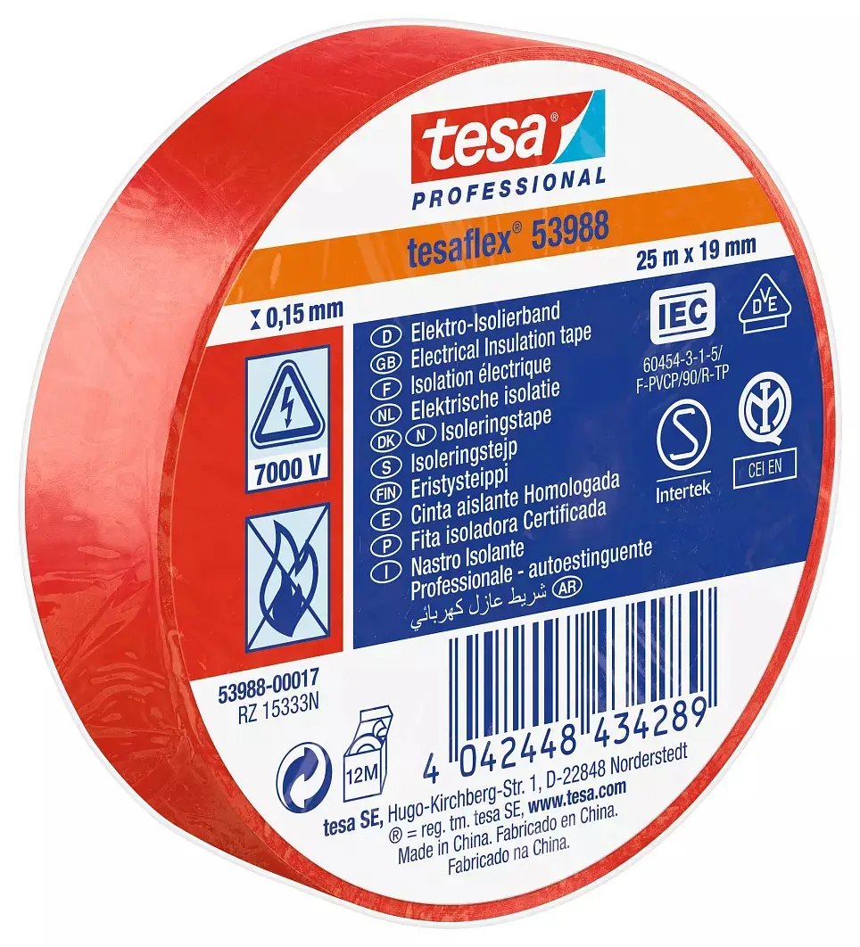Produktfoto 1 von Tesa Tesa 53988 Polyvinylchlorid Isolierband Rot,  Stärke  150 mm x 19 mm x 25 m, 25 °C bis 90 °C
