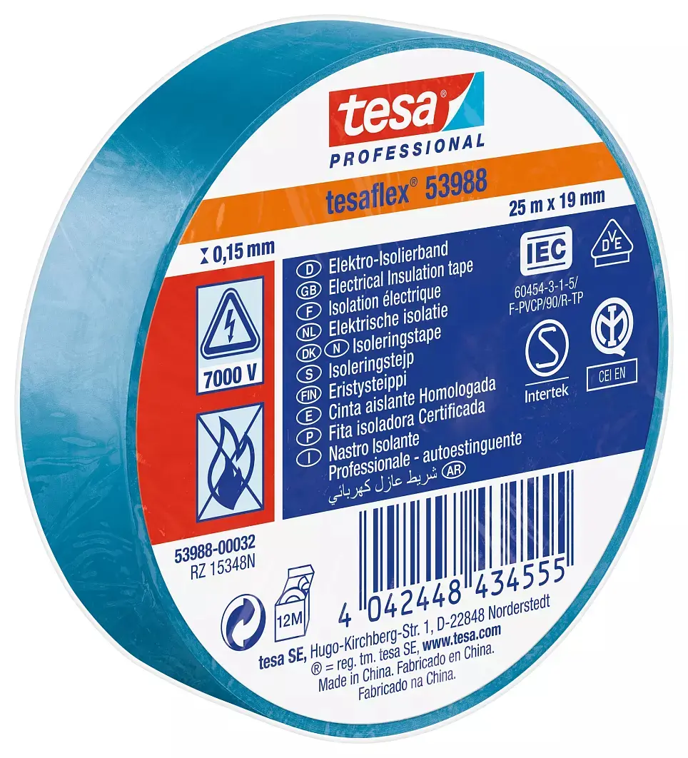 Produktfoto 1 von Tesa Tesa 53988 Polyvinylchlorid Isolierband Blau,  Stärke  150 mm x 19 mm x 25 m, 25 °C bis 90 °C