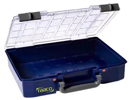 Produktfoto 1 von Raaco Kleinteilebox, Polycarbonat, Polypropylen Blau, 80 Fächer Verstellbare Fächer, 79.0 mm x 337.0mm x 278.0 mm