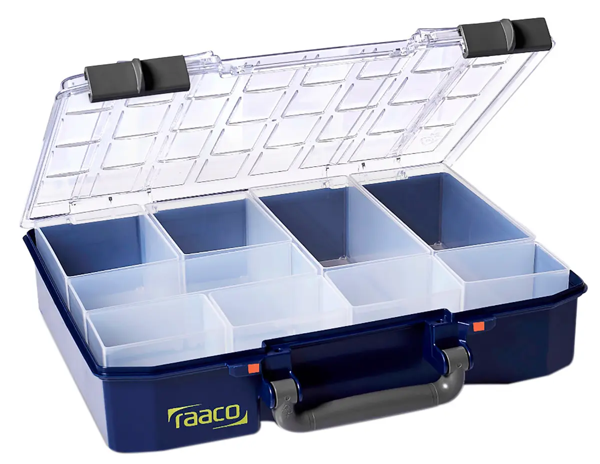 Produktfoto 1 von Raaco Kleinteilebox, Polypropylen Blau, 9 Fächer Verstellbare Fächer, 79 mm x 337 mm x 278 mm