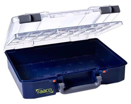 Produktfoto 1 von Raaco Kleinteilebox, Polypropylen, Polycarbonat Blau, 80 Fächer Verstellbare Fächer, 82.0 mm x 337.0mm x 278.0 mm
